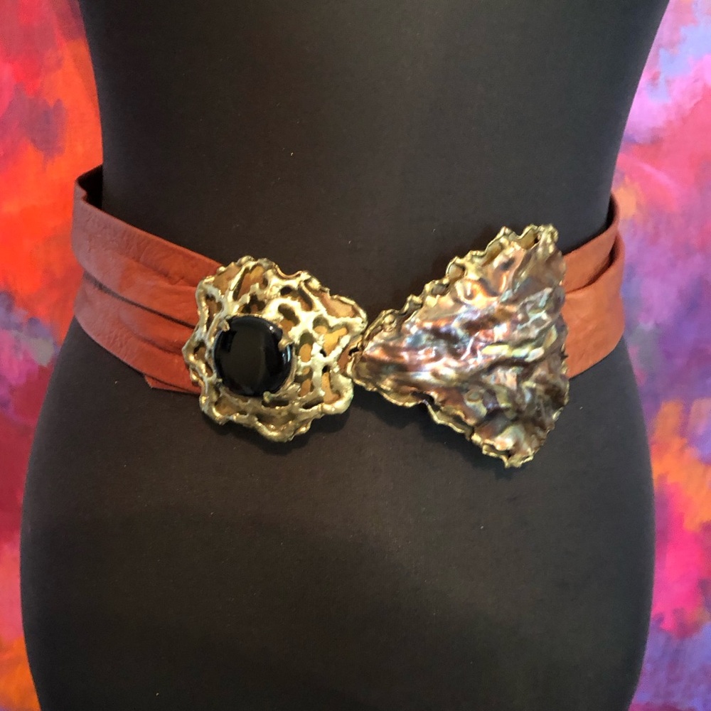 Vintage Handmade Artisan Brutalist Brass Brown Leather Belt